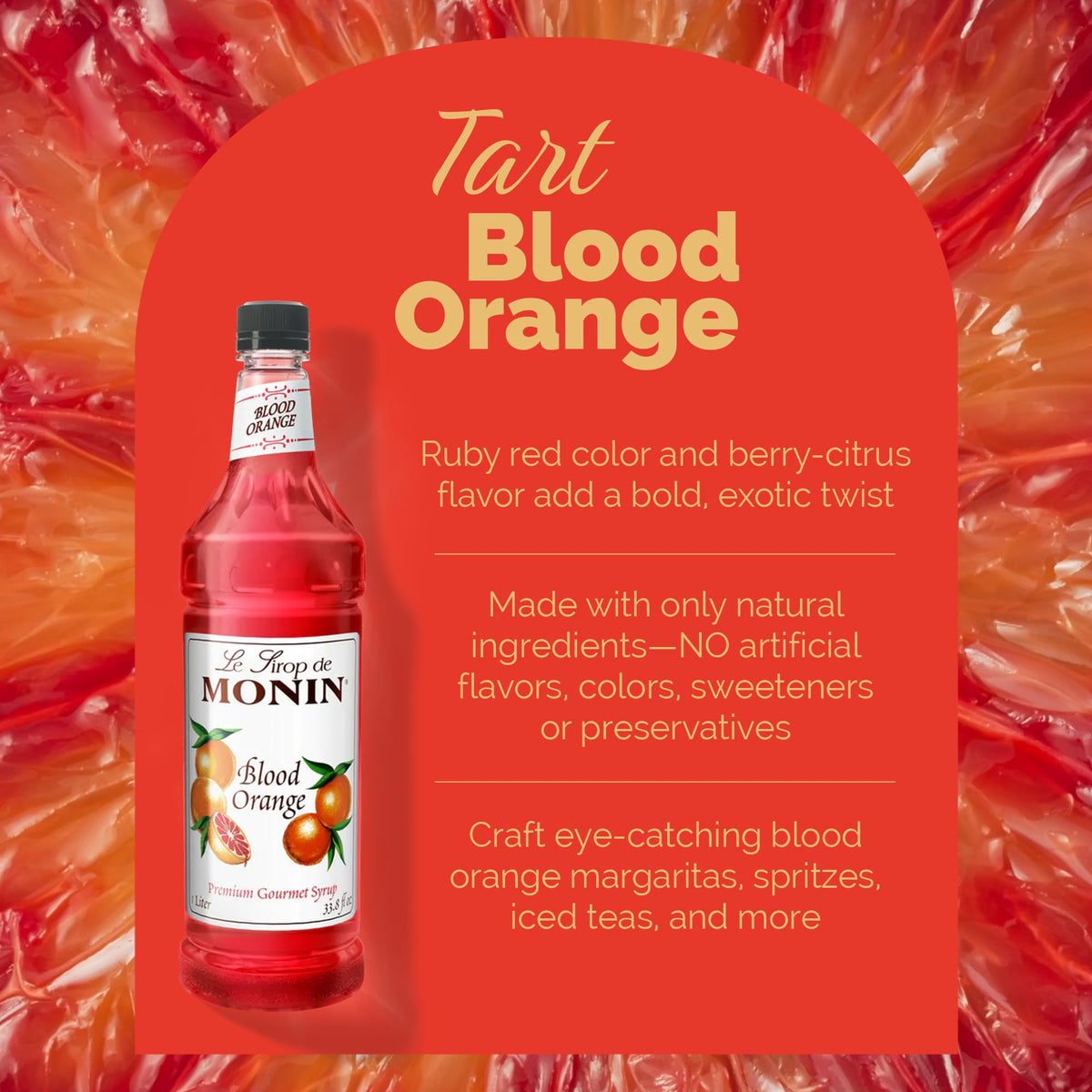 Pouring Monin Blood Orange Syrup demonstrates easy dispensing and consistent sweetness.
