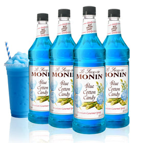 Monin Blue Cotton Candy syrup bottle front view showing branding and color.