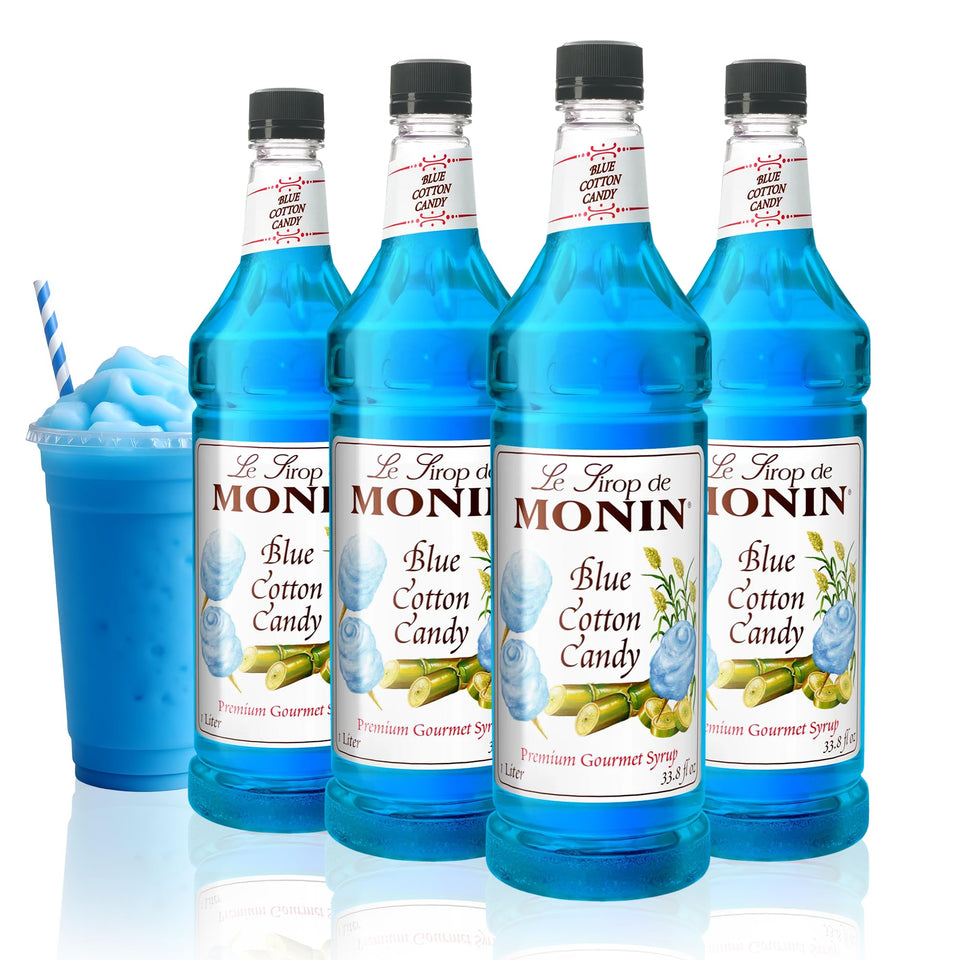Monin Blue Cotton Candy syrup bottle front view showing branding and color.
