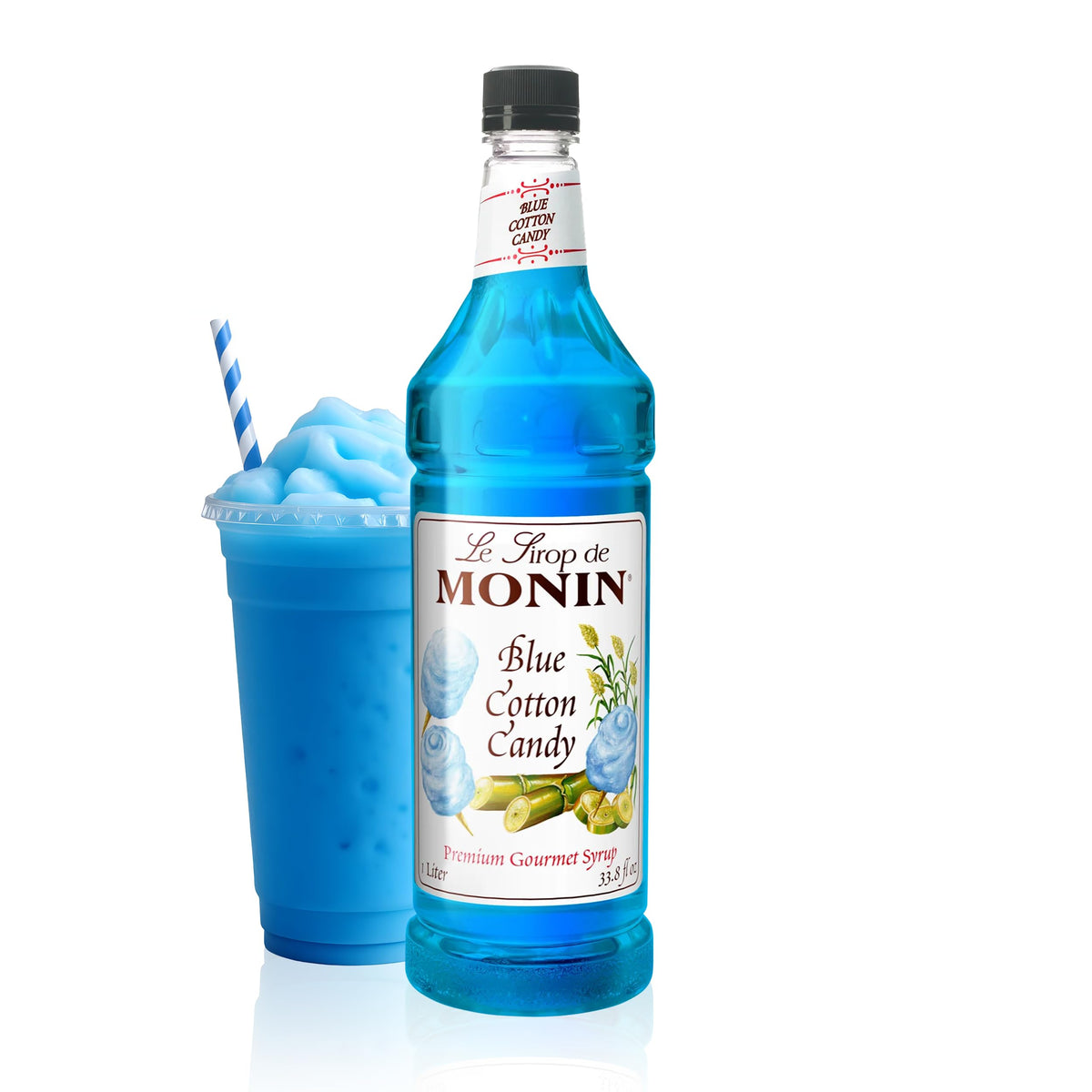 Monin Blue Cotton Candy Syrup bottle ready for beverages and desserts