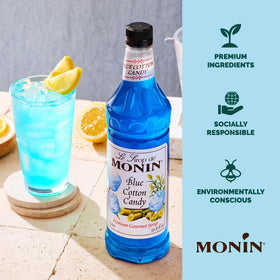 Drizzle of Monin Blue Cotton Candy syrup over a dessert for color and aroma.