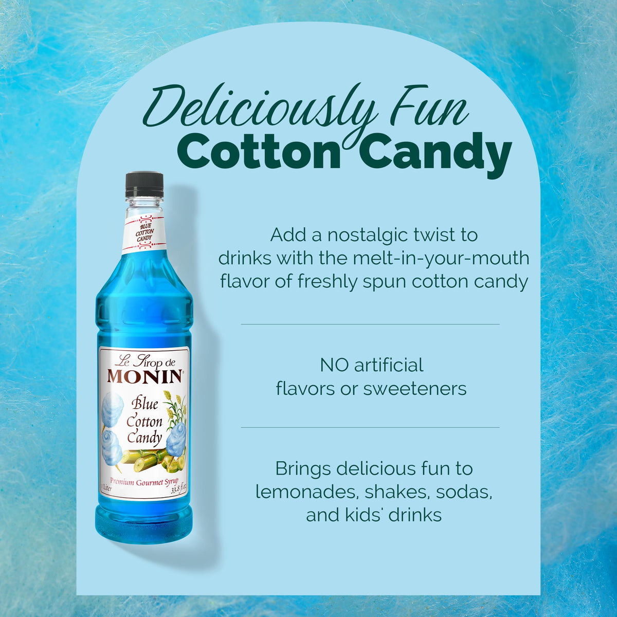 Close up of Monin Blue Cotton Candy Syrup label highlighting ingredients