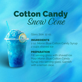 Shelf display of Monin Blue Cotton Candy syrup in a store setting.