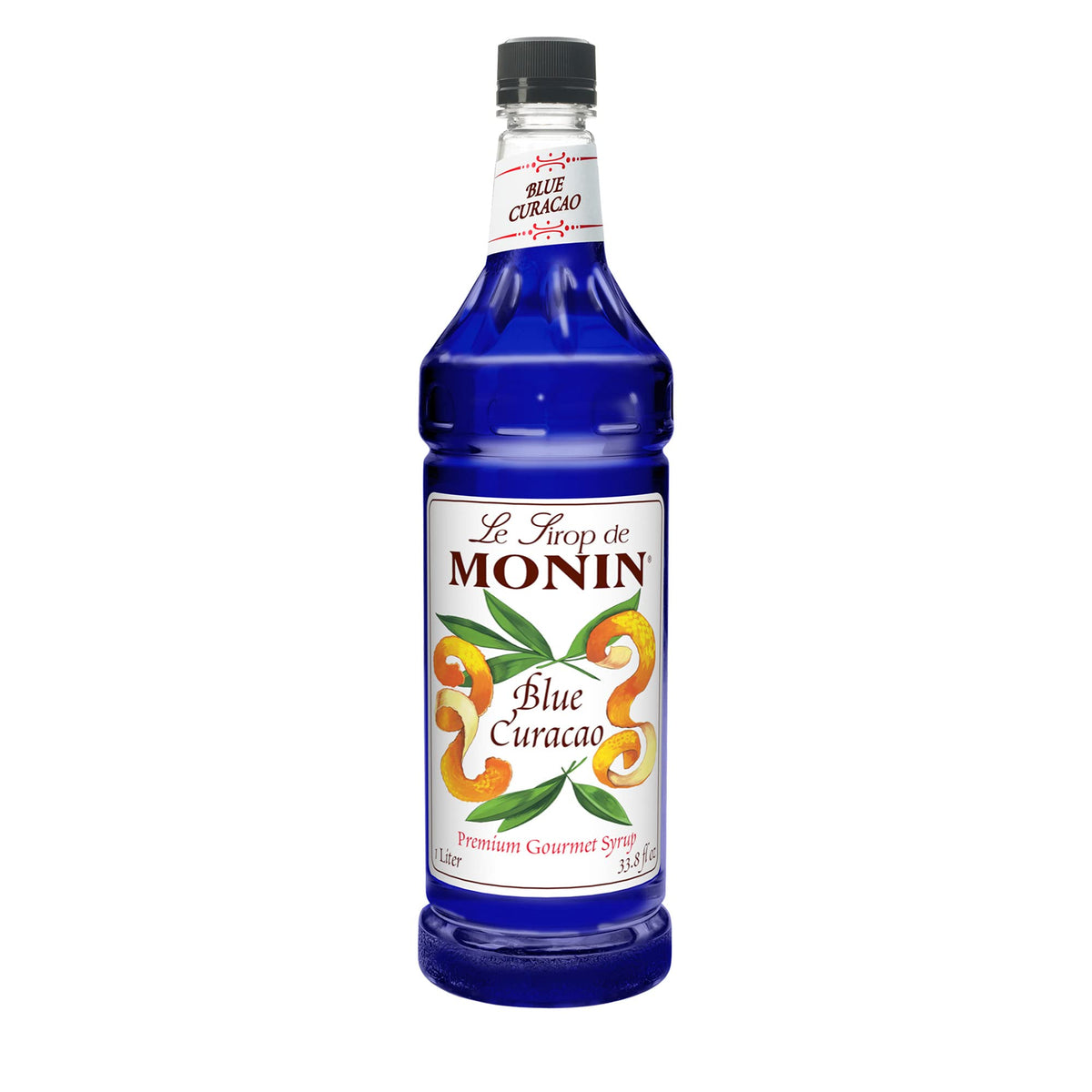 Monin Blue Curacao Syrup bottle close-up, showcasing vibrant color for cocktails and mocktails.