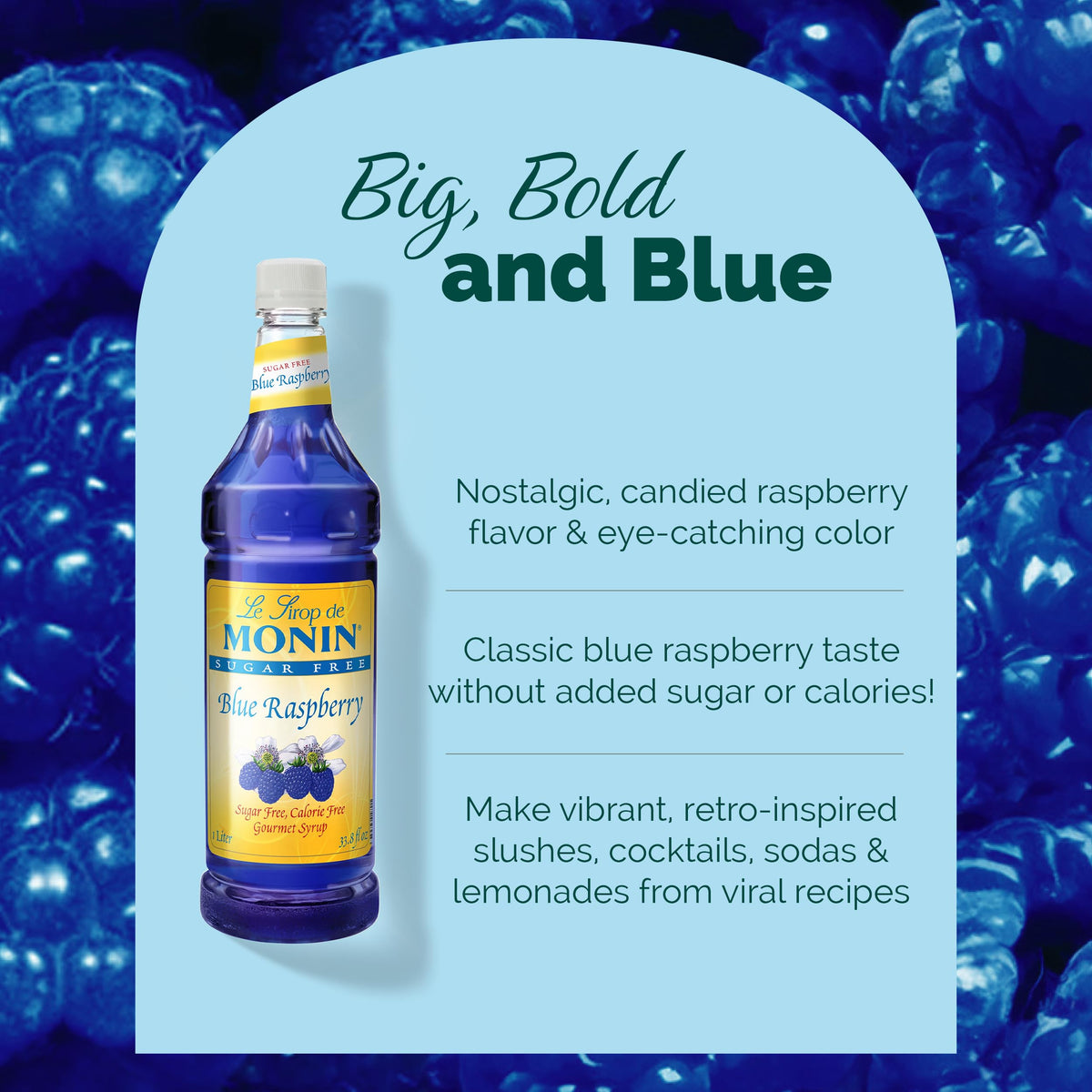 Monin blue raspberry syrup enhances cocktails with bold hue and tart notes.