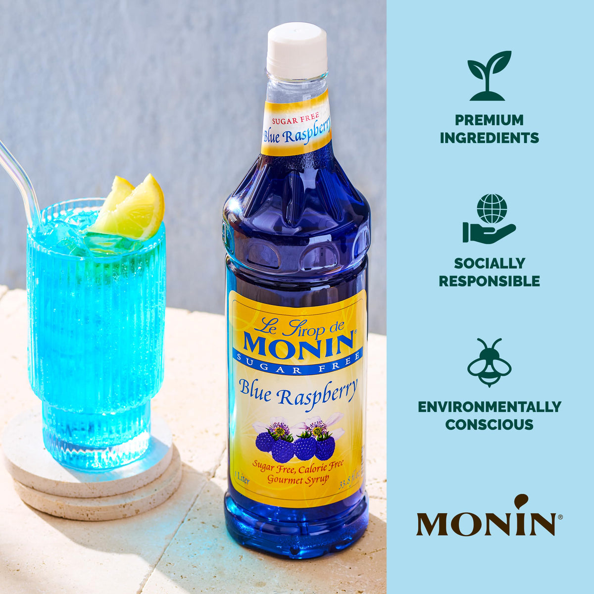 Monin sugar-free blue raspberry snow cone topped with bright blue syrup.