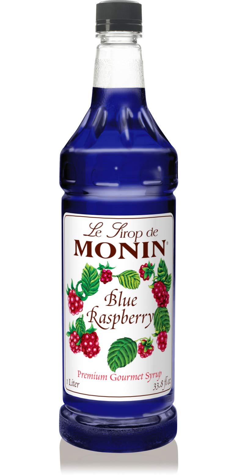 Monin Blue Raspberry Syrup bottle—vibrant color for cocktails, lemonades and desserts