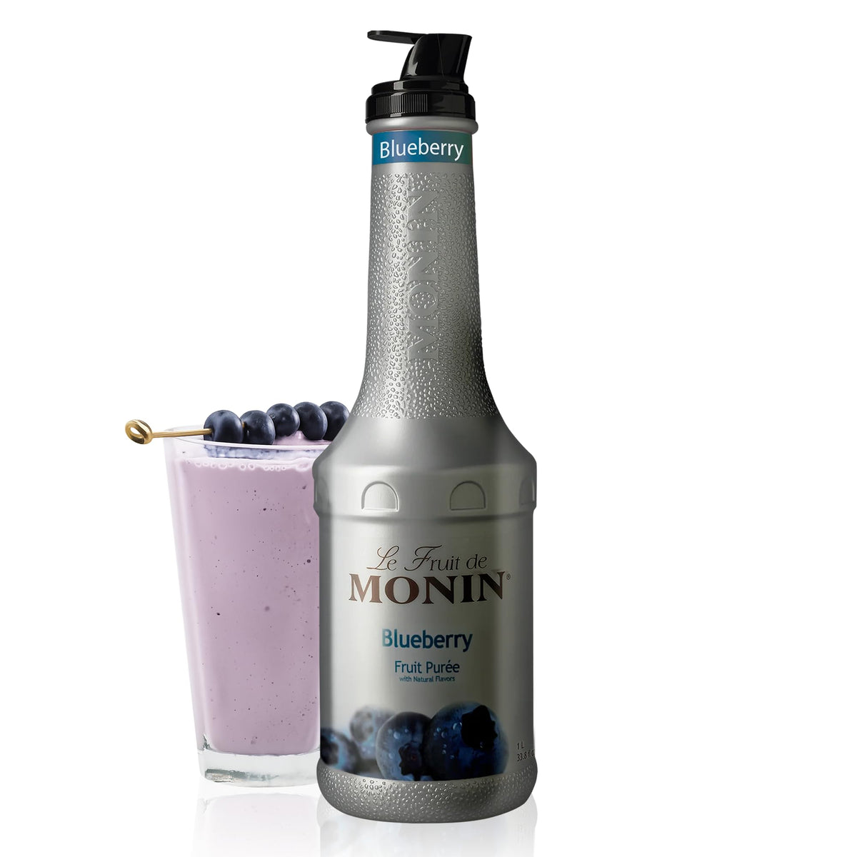 Monin Blueberry puree bottle front, ideal for cocktails and lemonades.