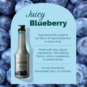 Monin Blueberry puree ingredients label close-up showing Non-GMO promise.