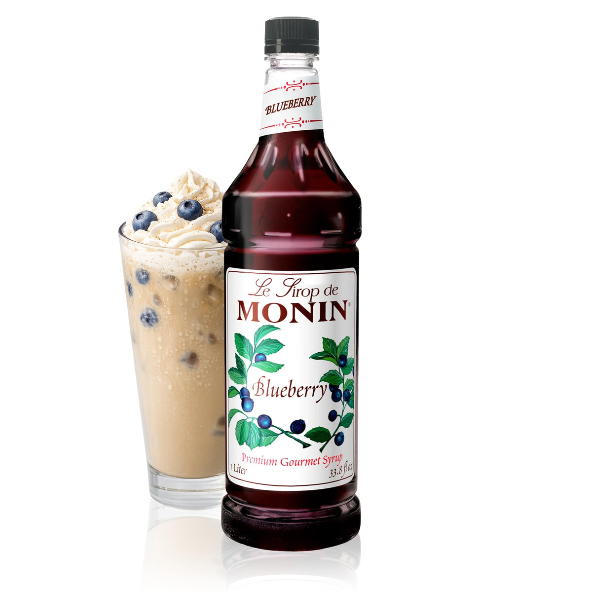 Monin Blueberry Syrup bottle showing deep color for teas and cocktails.