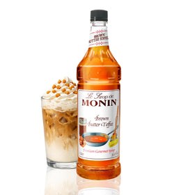 Monin Brown Butter Toffee Syrup bottle with rich aroma for premium coffees