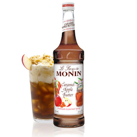 Monin Caramel Apple Butter Syrup bottle for autumn beverages and cozy lattes.