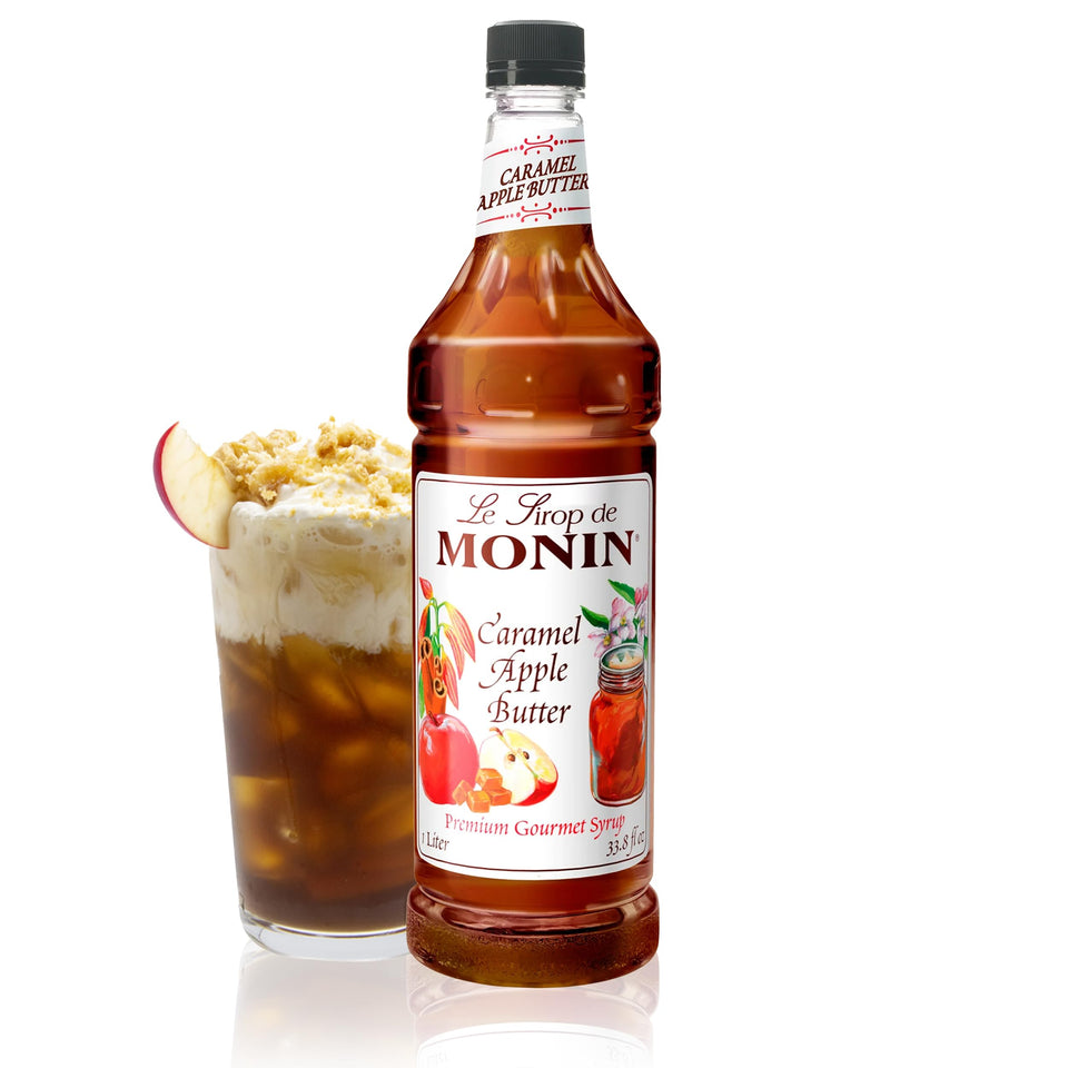 Monin Caramel Apple Butter Syrup bottle showcasing rich autumn flavor for cozy drinks.