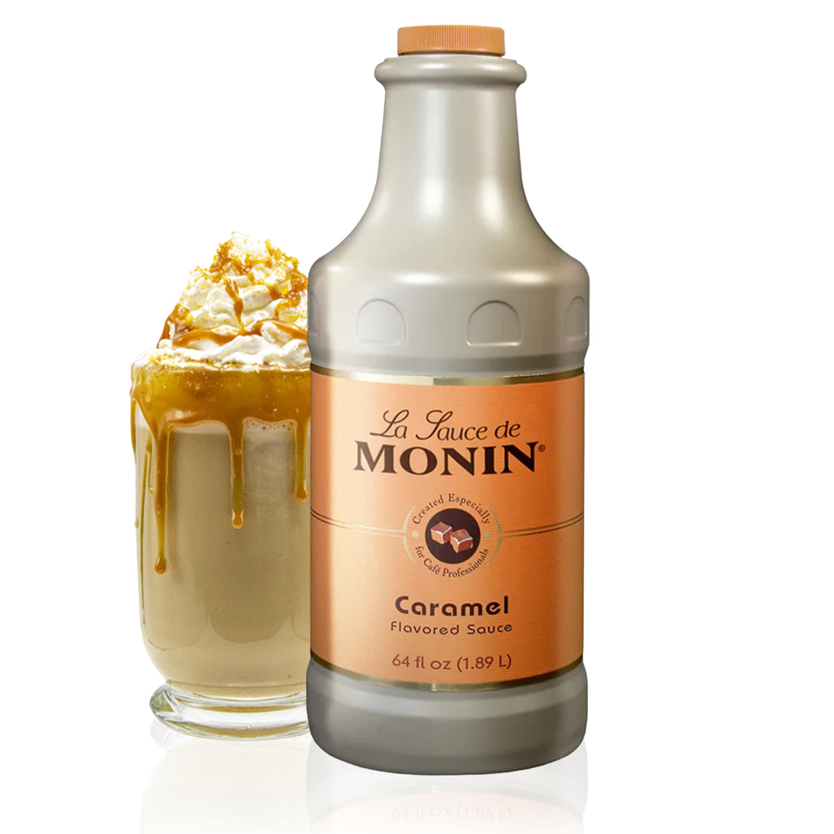 Monin caramel sauce bottle showcases rich, buttery flavor for desserts and beverages