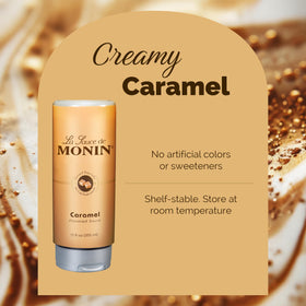 Close-up of Monin Gourmet Caramel Sauce showing smooth, glossy texture for topping.