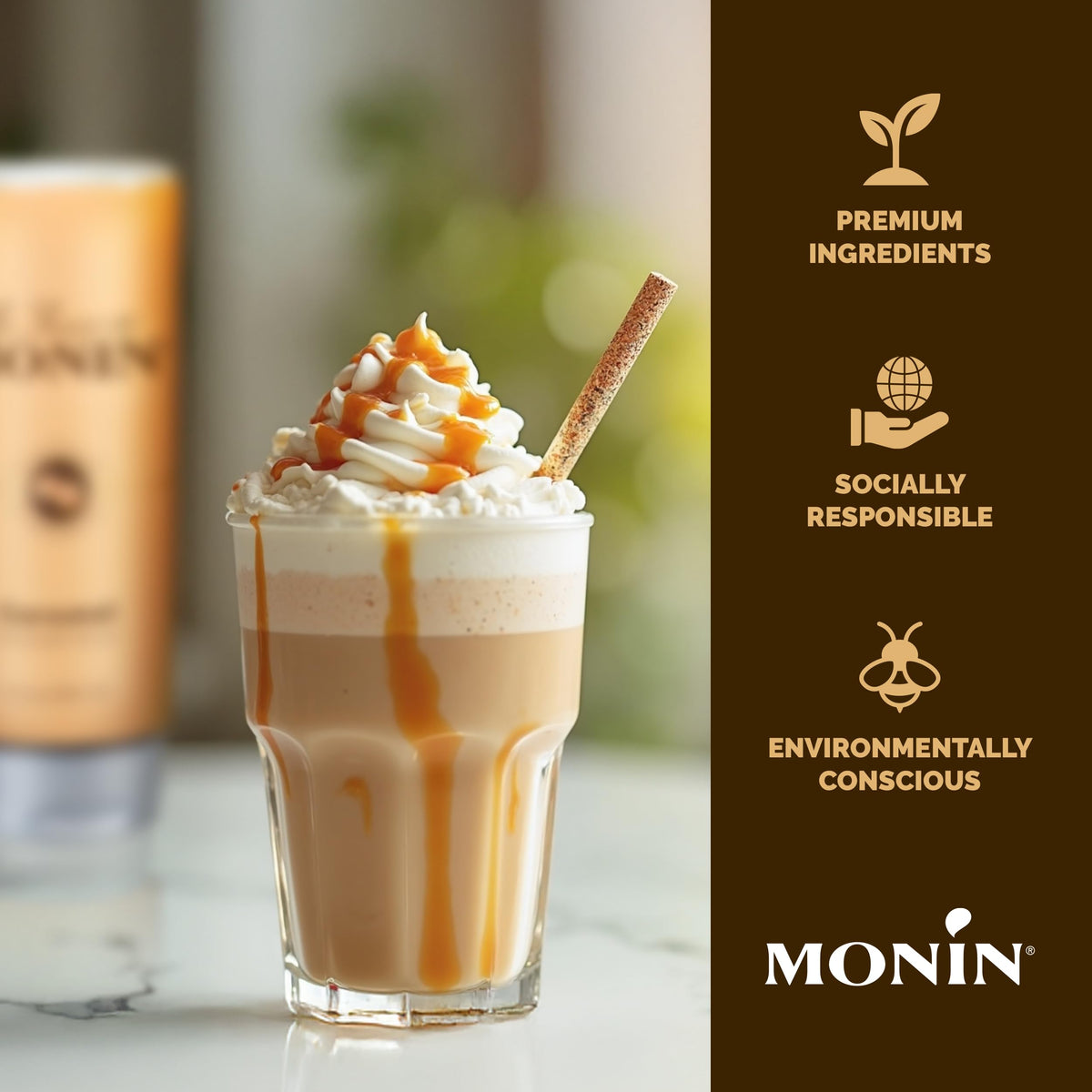 Monin Gourmet Caramel Sauce label highlights gluten-free and non-GMO clean ingredients.
