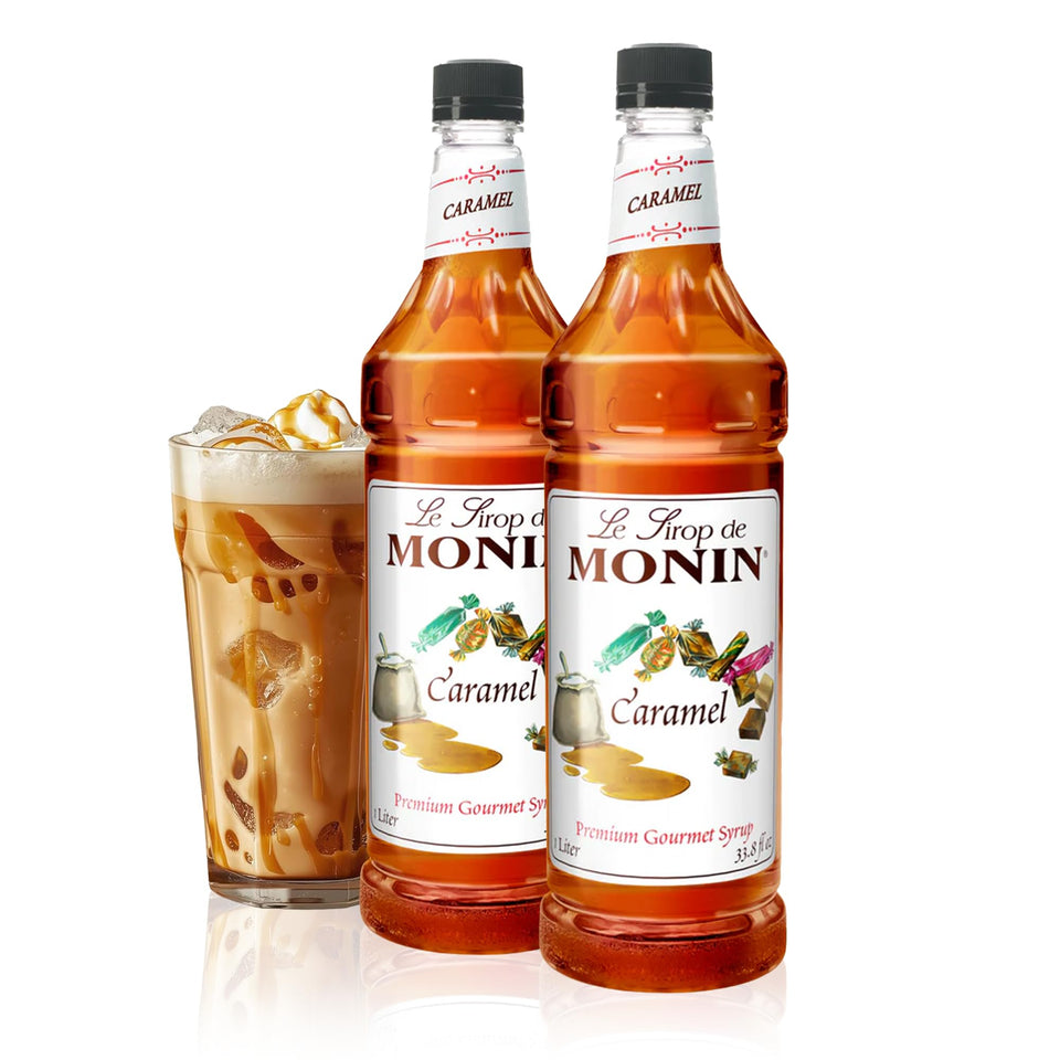 Monin Caramel Syrup bottle on counter ideal for barista-style coffees.