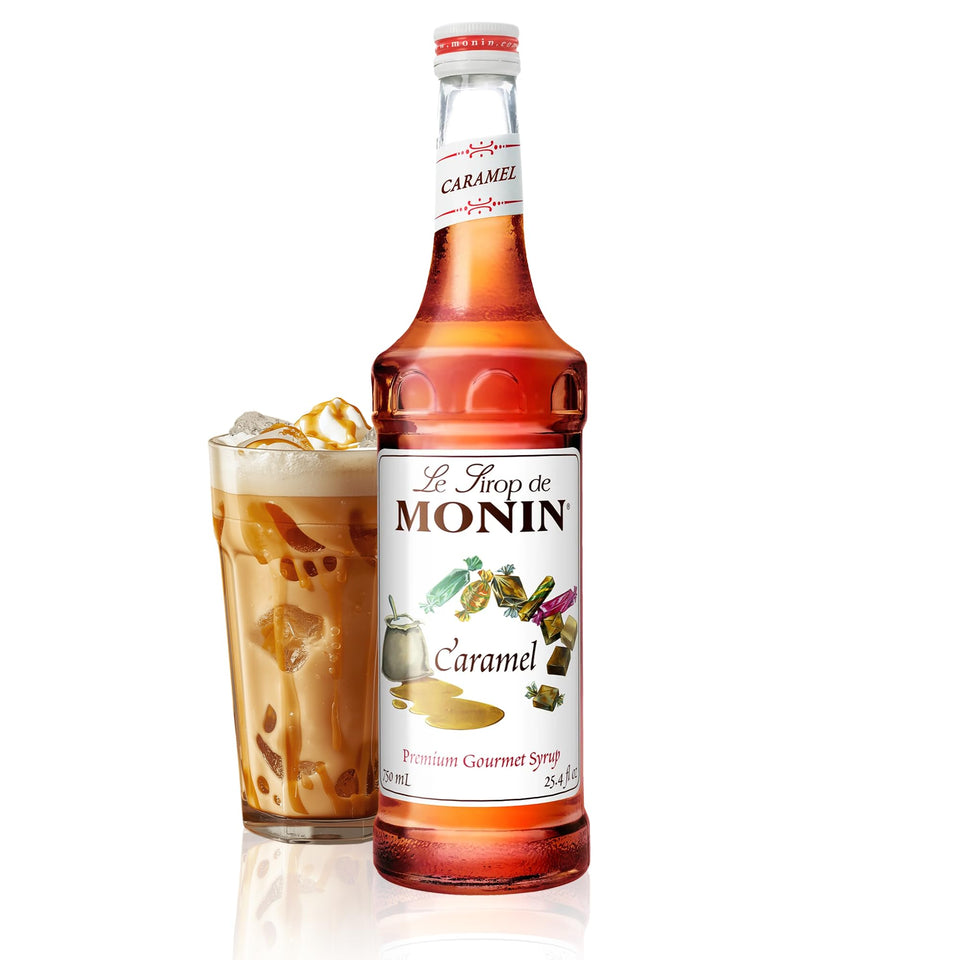 Monin Caramel Syrup bottle pour showcasing rich, buttery flavor for desserts.
