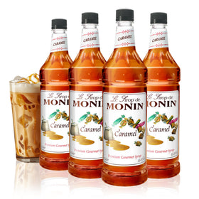Monin Caramel Syrup bottle with rich, buttery aroma for coffee and desserts