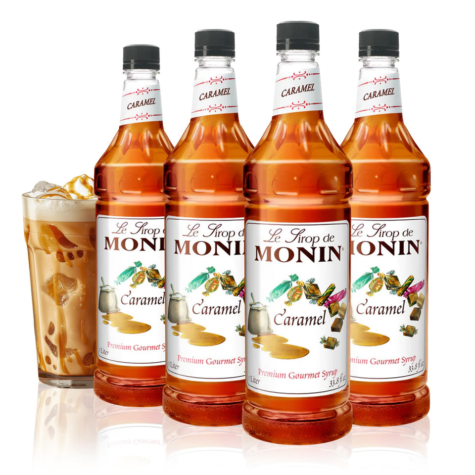 Monin Caramel Syrup bottle with rich, buttery aroma for coffee and desserts
