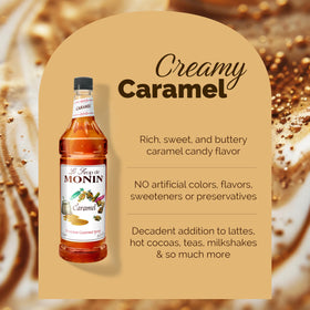 Monin Caramel Syrup on a dessert plate elevates toppings with decadence.