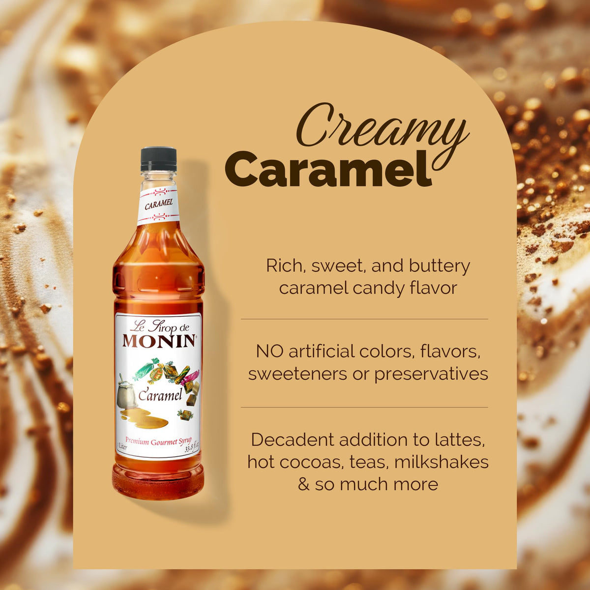 Dessert plate topped with Monin Caramel Syrup for glossy finish