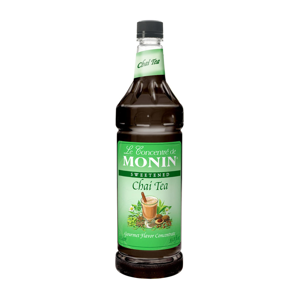 Monin Chai Tea Concentrate bottle showing spice blend for hot or iced tea.