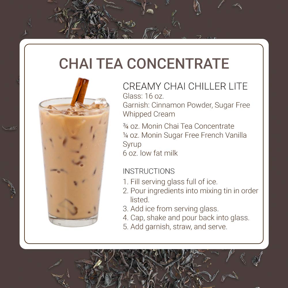 Monin Chai Tea Concentrate bottle close-up highlighting spice notes.