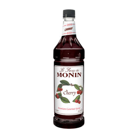 Monin Cherry Syrup bottle front view for authentic cherry flavor in beverages.