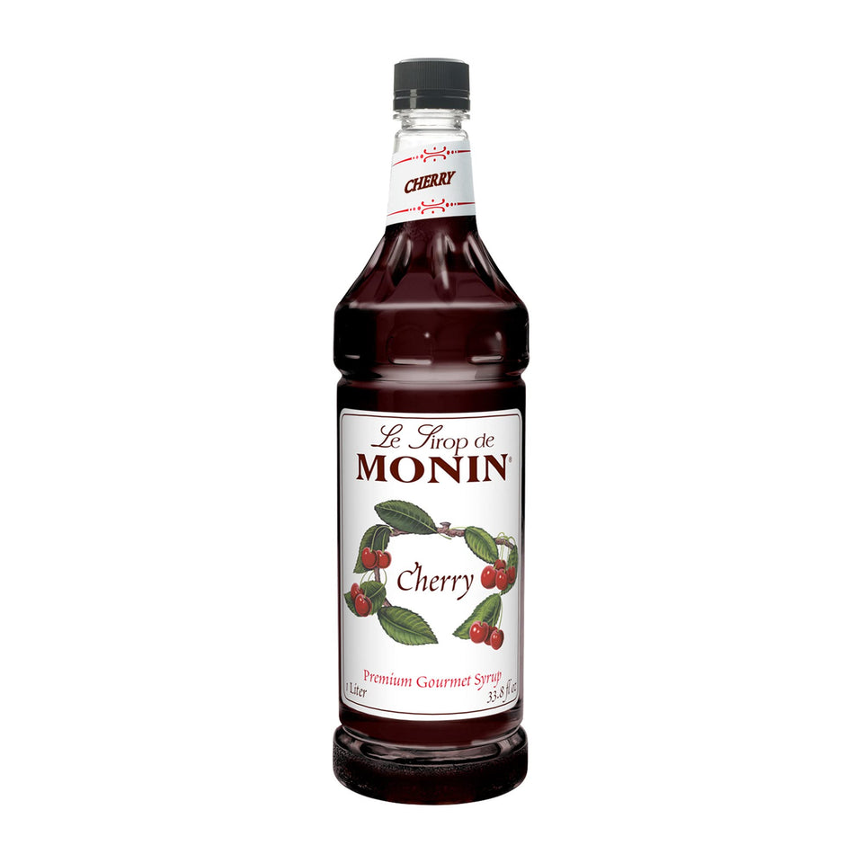 Monin Cherry Syrup bottle front view for authentic cherry flavor in beverages.