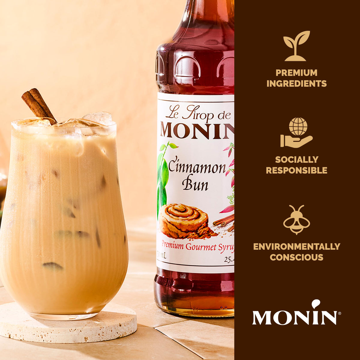 Monin Cinnamon Bun Syrup bottle with a pump for easy, precise pours