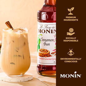 Monin Cinnamon Bun Syrup bottle with a pump for easy, precise pours
