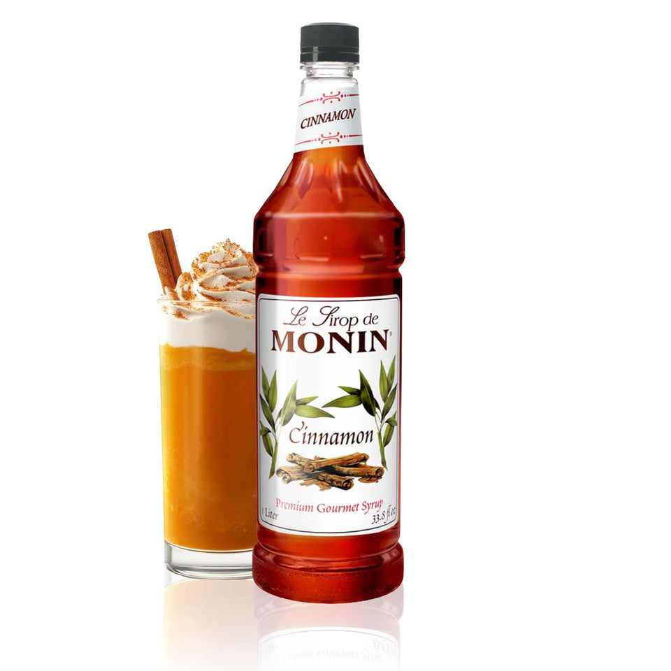 Monin Cinnamon Syrup bottle for coffee and cocktails, bold flavor