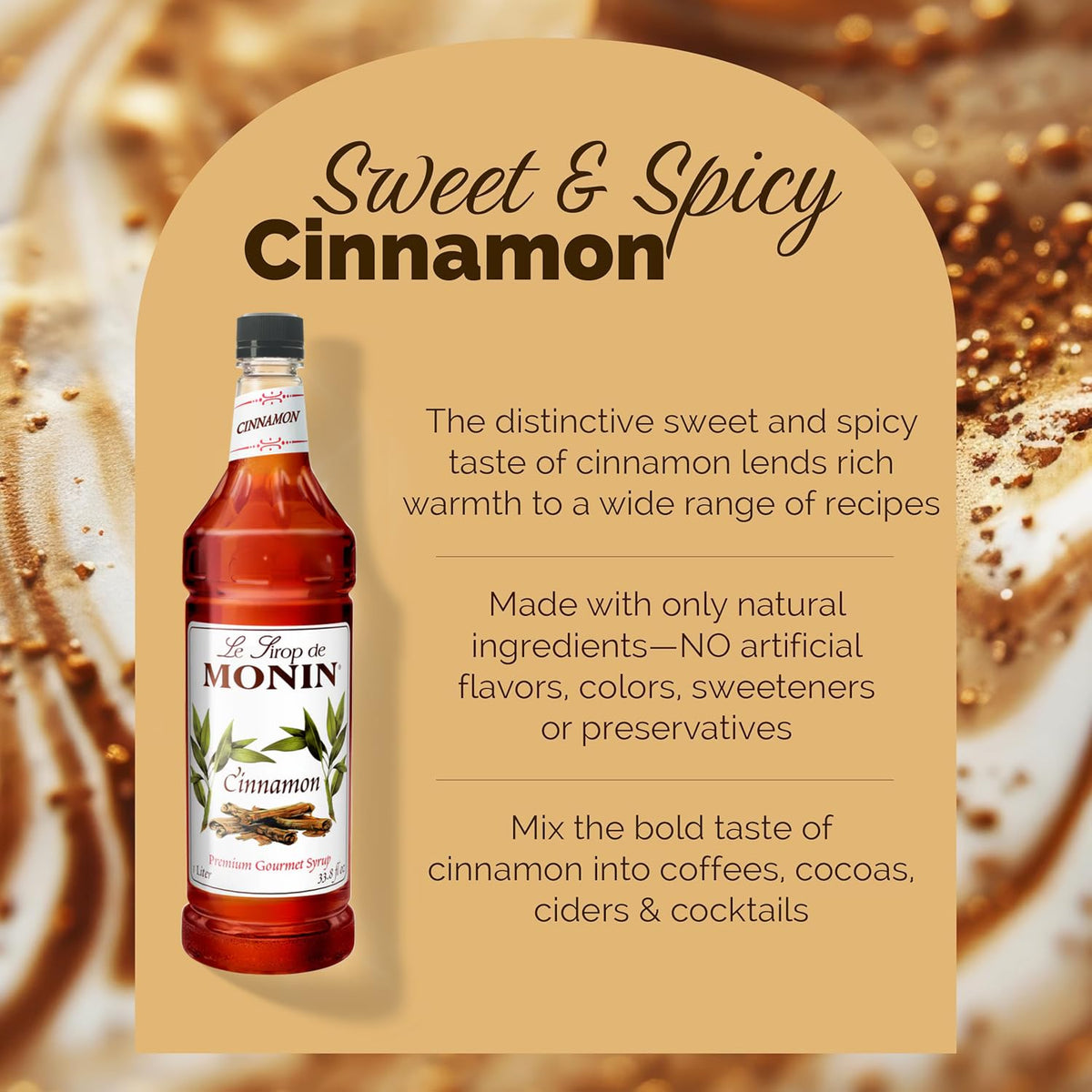 Monin Cinnamon Syrup label highlights clean label and allergen-free formula