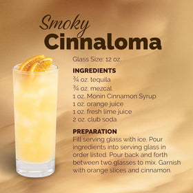 Eco-friendly packaging of Monin Cinnamon Syrup shows recyclable materials