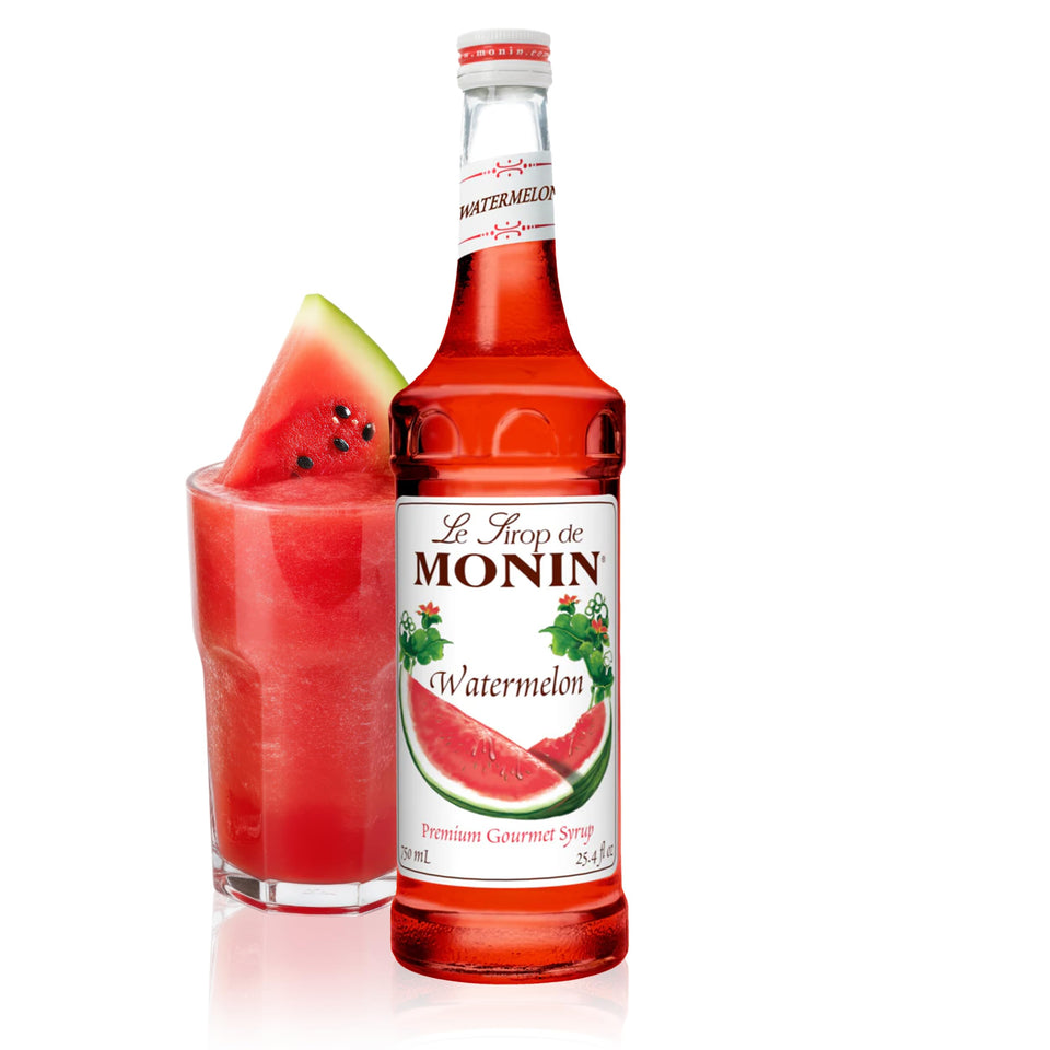 Monin Classic Watermelon Syrup bottle on display, ideal for refreshing sodas and lemonades