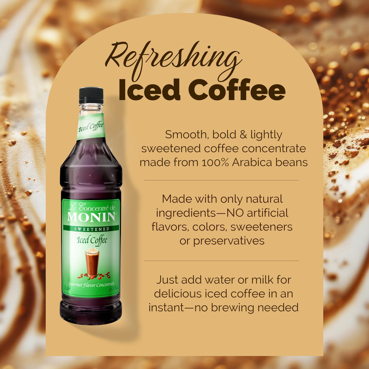 Monin label highlights no artificial flavors, colors, or preservatives for a clean profile.