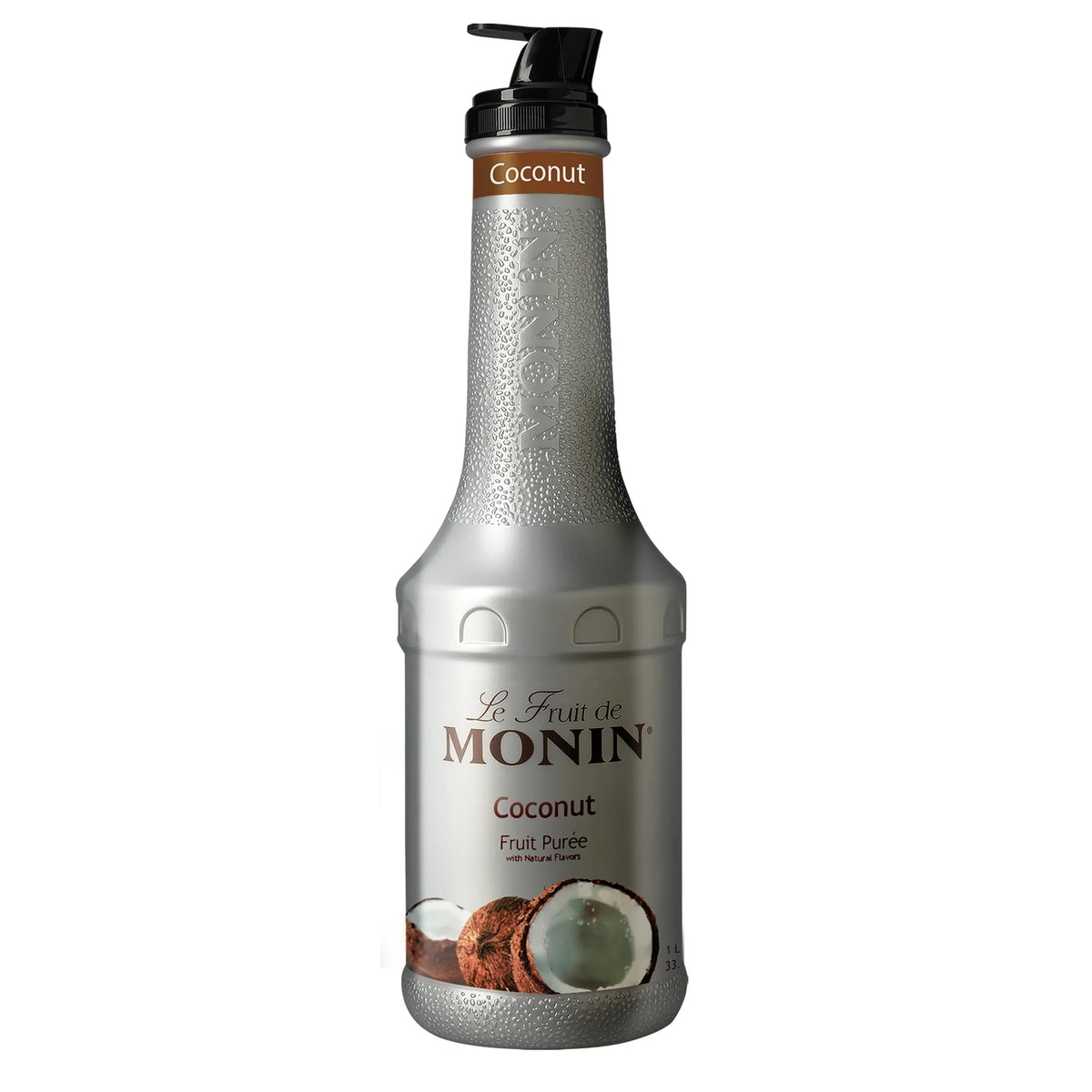 Monin Coconut Puree bottle with creamy texture, ideal for smoothies and cocktails.