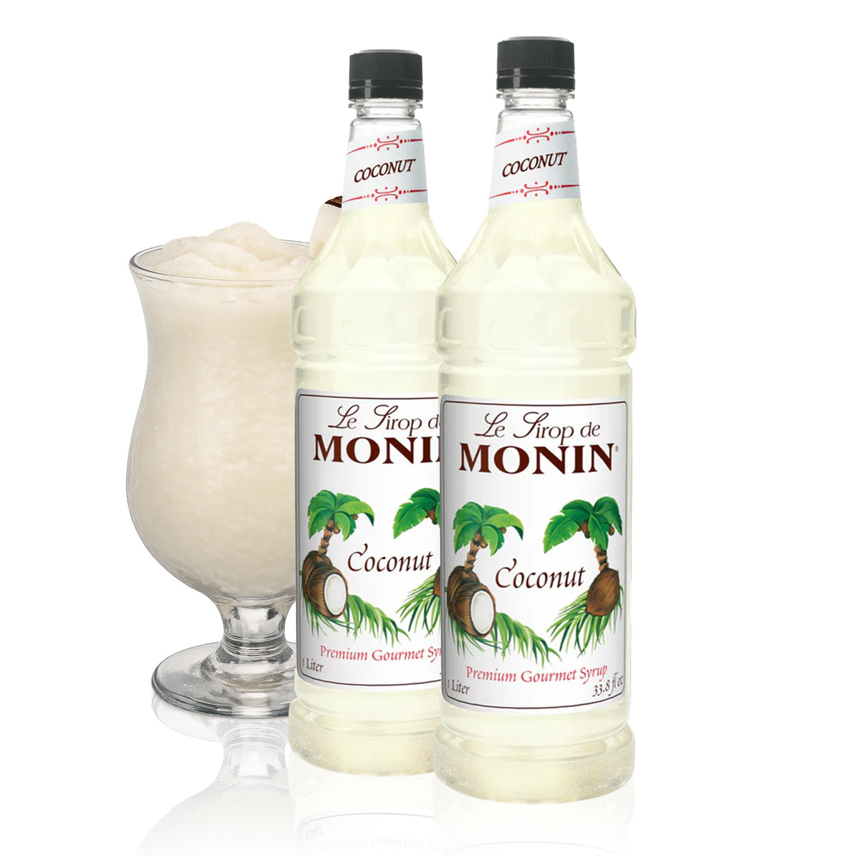 Monin Coconut Syrup bottle pour for tropical drinks and cocktails