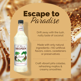Monin Coconut Syrup in a glass cocktail adding creamy coconut notes.