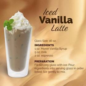 Monin Vanilla coffee syrup bottle pour provides smooth, versatile flavor base for any coffee.