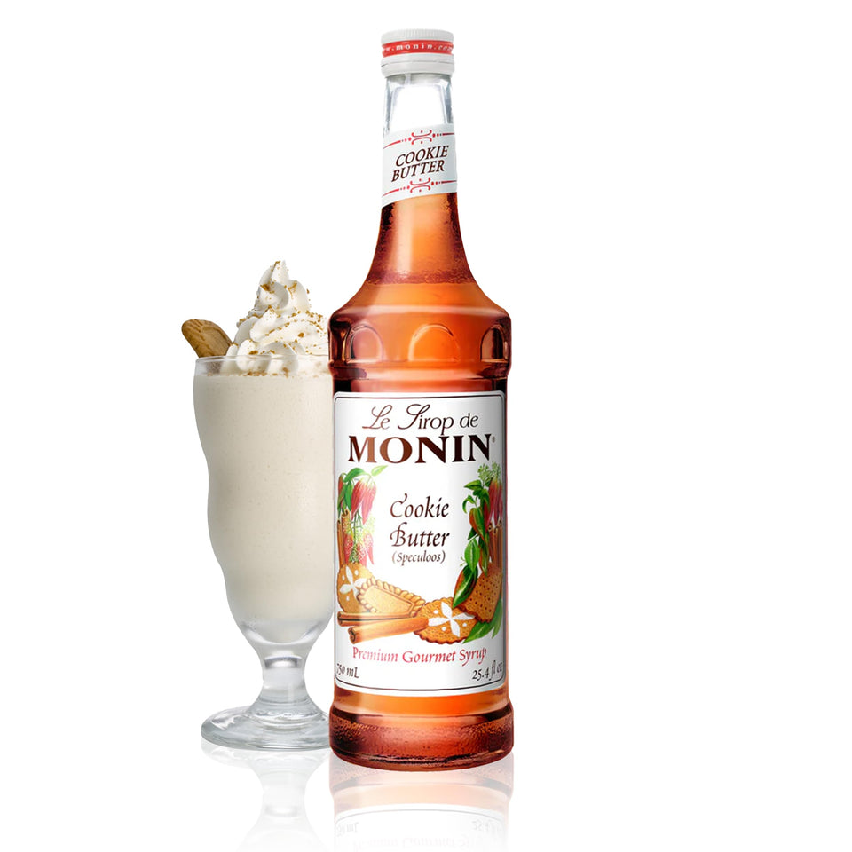 Monin Cookie Butter Syrup bottle on a countertop, ideal for creamy coffee drinks.
