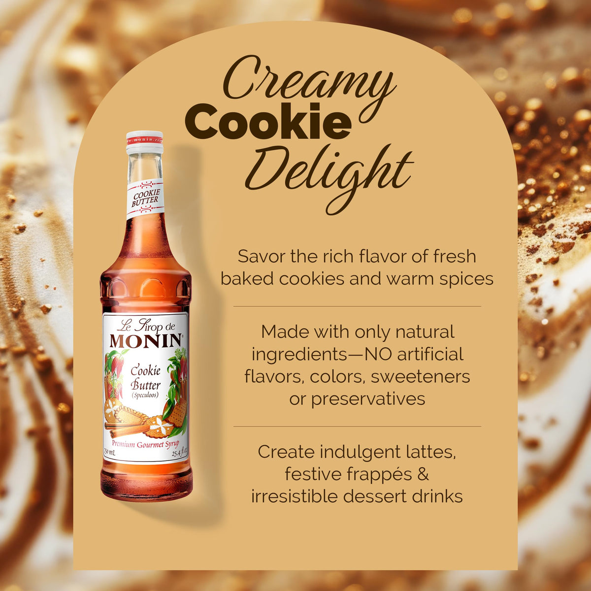 Latte with Monin Cookie Butter Syrup swirl highlighting cookie notes.