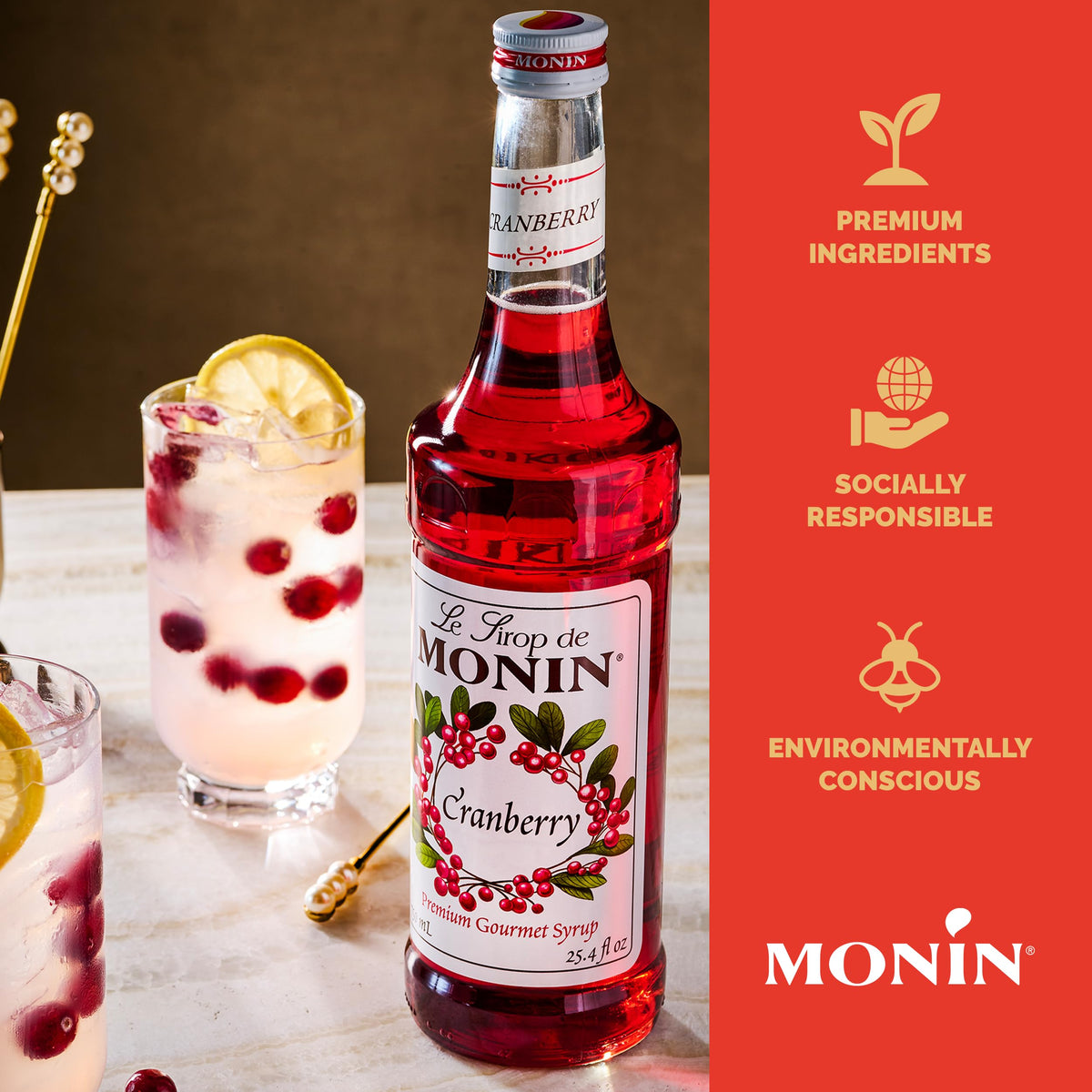 Monin Cranberry Syrup used in margaritas and cocktails for tart lift