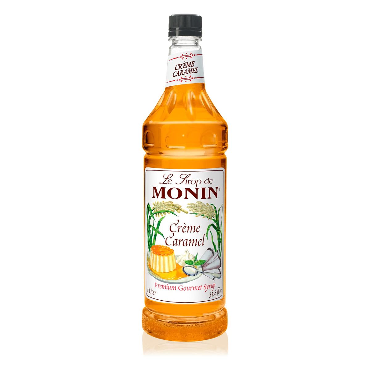 Monin Crème Caramel syrup bottle enhances iced coffee with rich caramel flavor