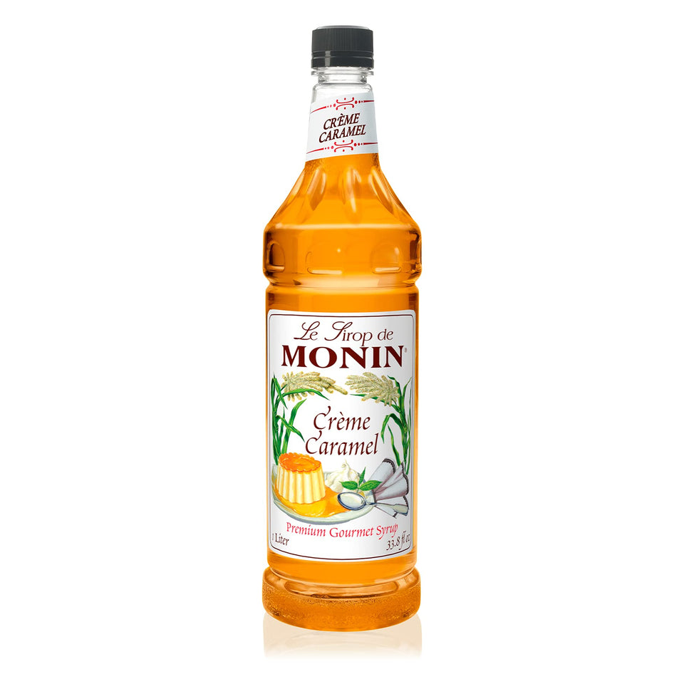 Monin Crème Caramel syrup bottle enhances iced coffee with rich caramel flavor