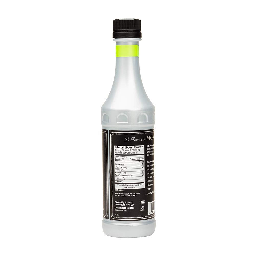 Monin cucumber flavor concentrate label closeup highlights natural ingredients