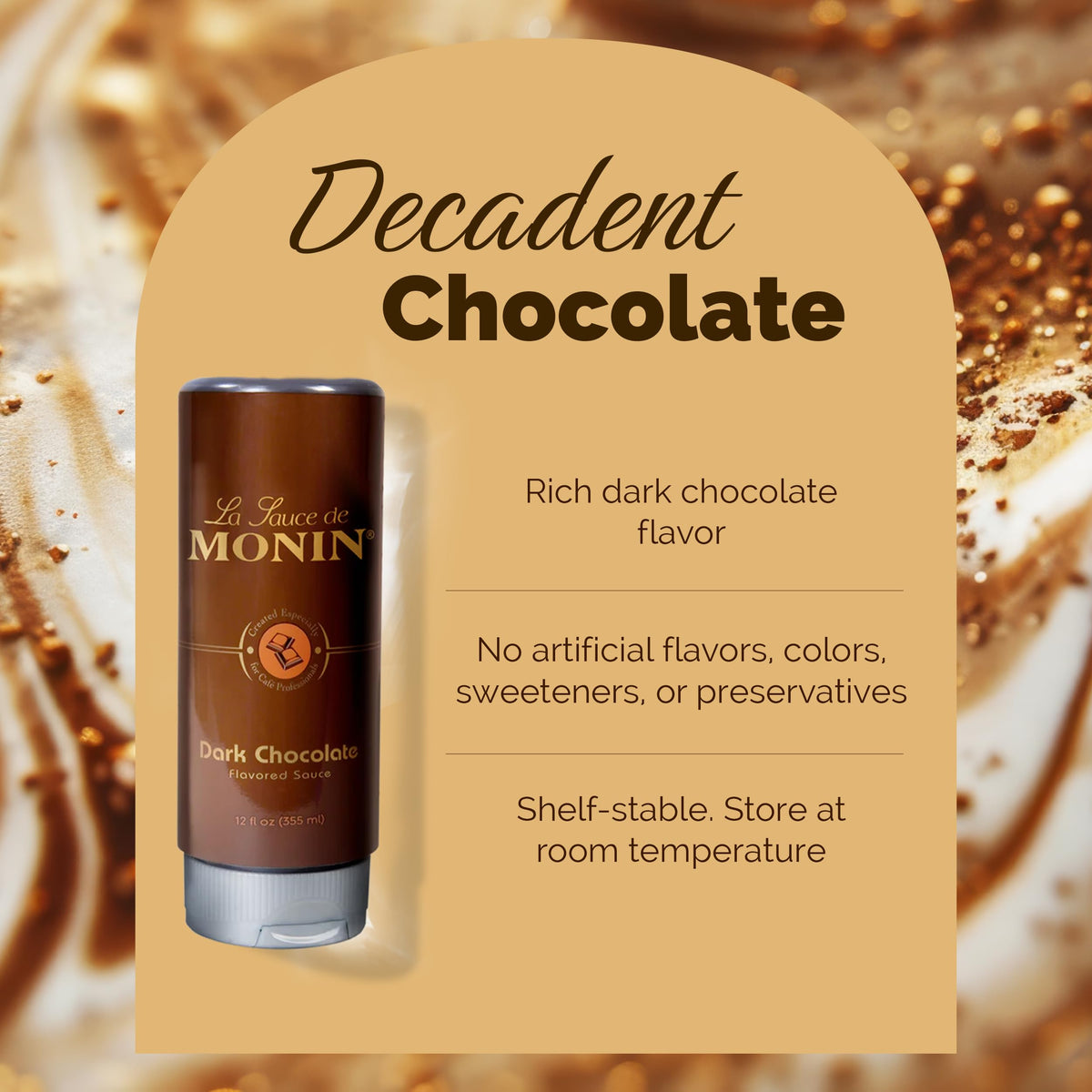 Monin Dark Chocolate Sauce coffee topping enhances crema and aroma.
