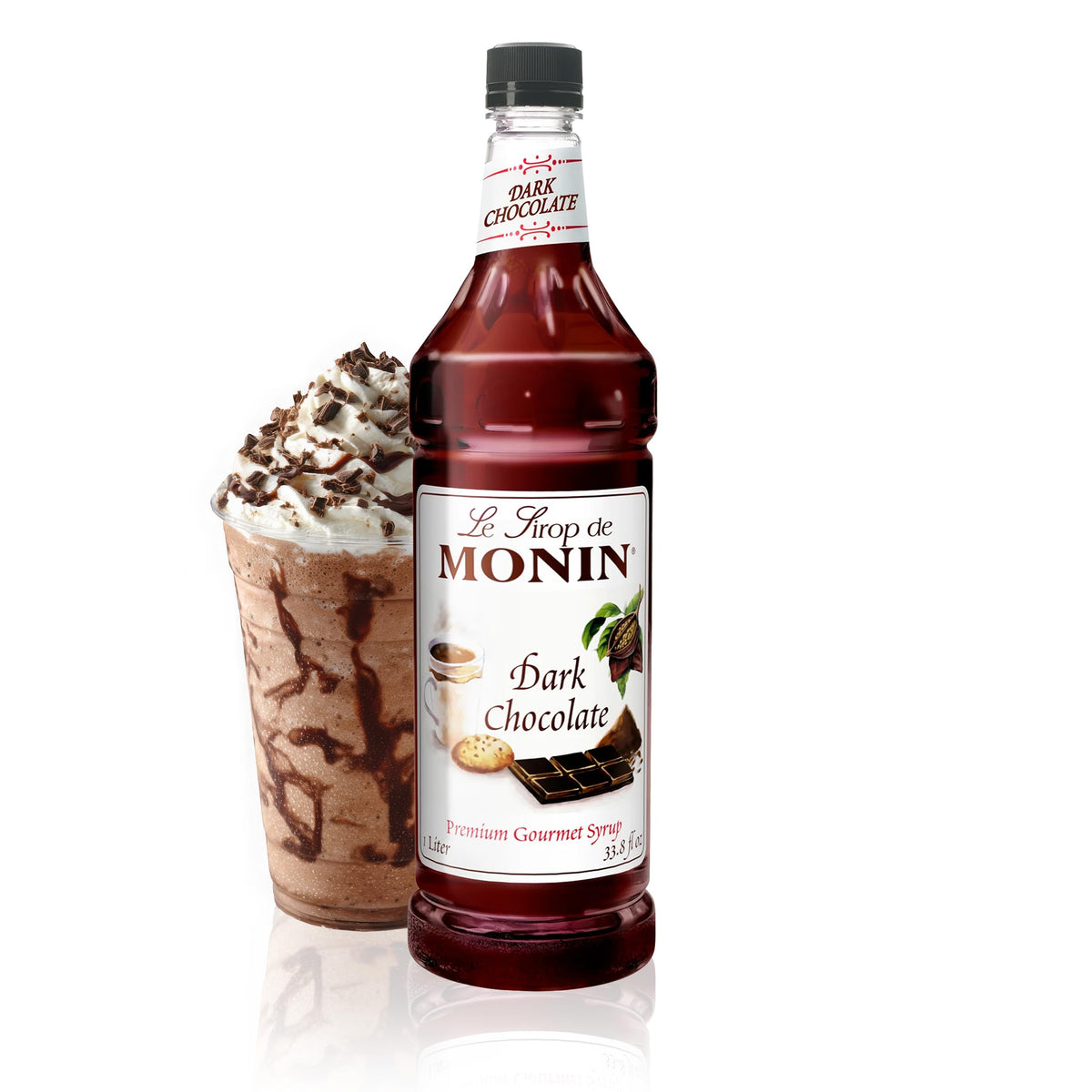 Monin Dark Chocolate Syrup bottle showing a rich cocoa pour and label benefits