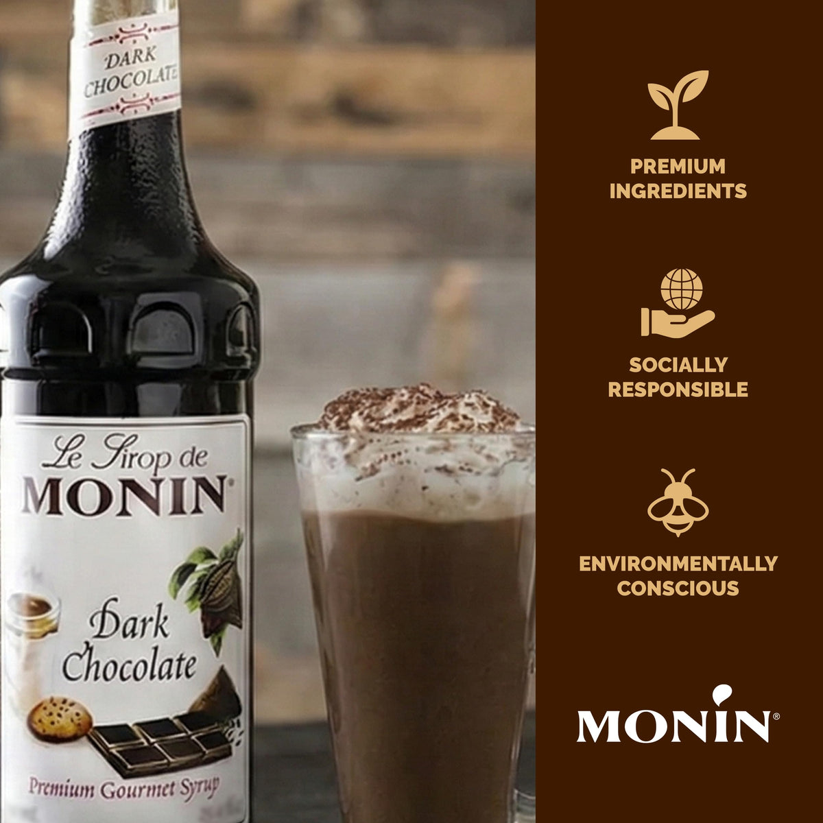 Monin Dark Chocolate Syrup drizzle over a dessert for depth